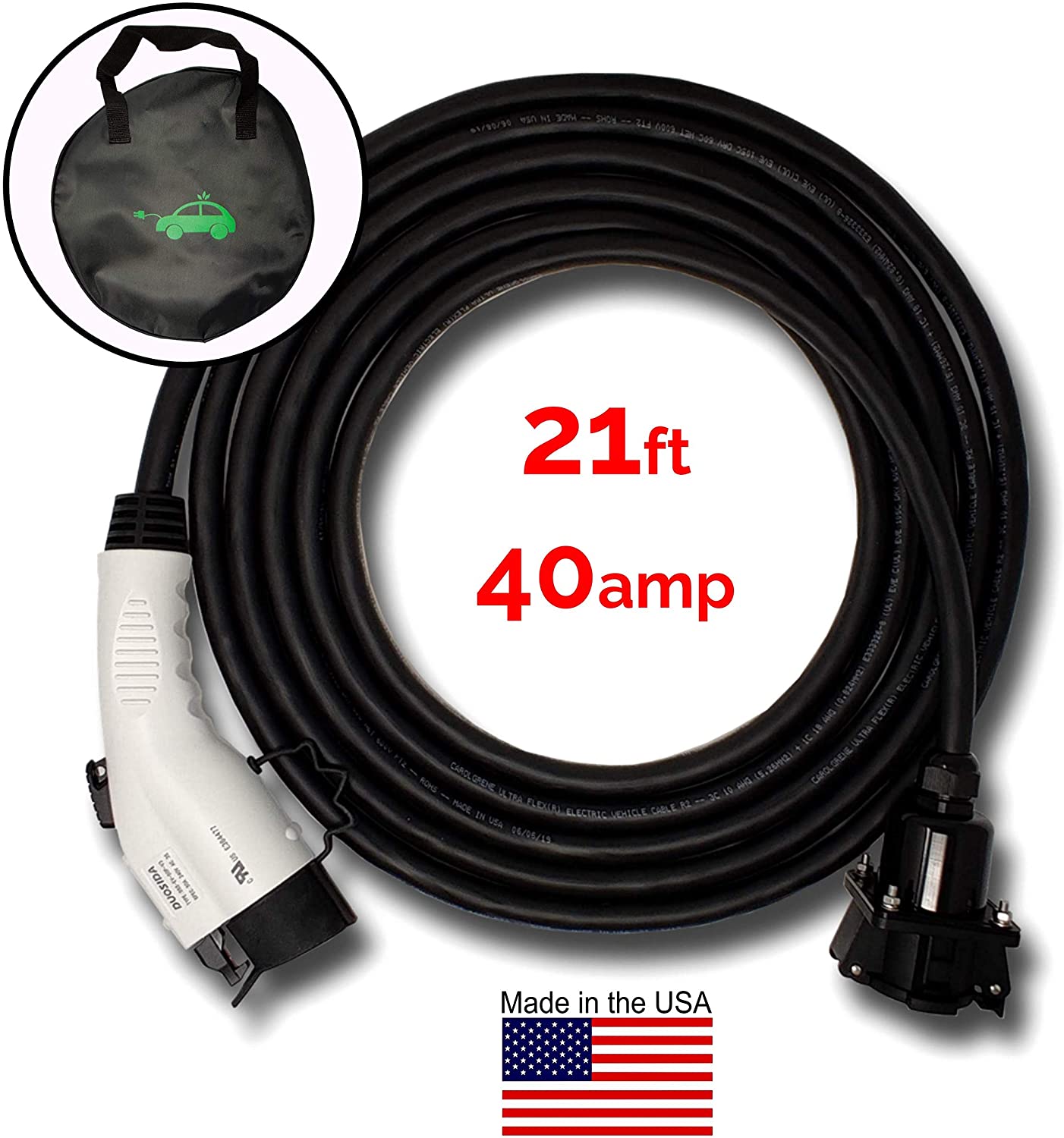 Inteset J-1772 Extension Cord, 40 Amp, 21 Ft - for Electric Vehicle (EV) Charging Stations, Carrying Bag, Ultra-Flex Cable, Made in The USA